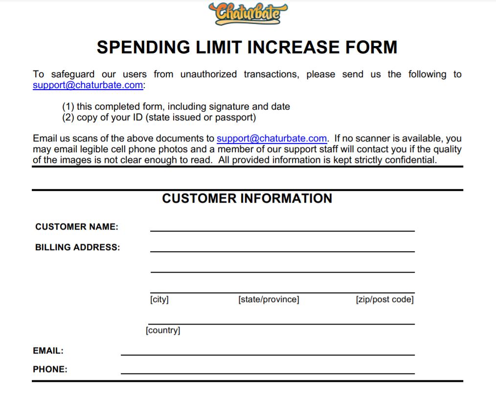 Chaturbate spending limit increase form
